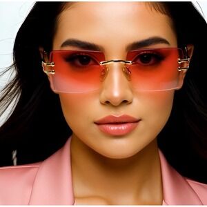 Rimless Rectangle Sunglasses Women Trendy Shades Pink Lens Gold Lentes Gafas New